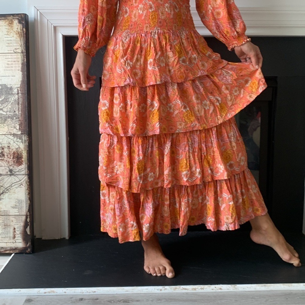 ELF Wrap Dress made by hand Size L birds Floral print ruffle smocked waist tie - Picture 14 of 16